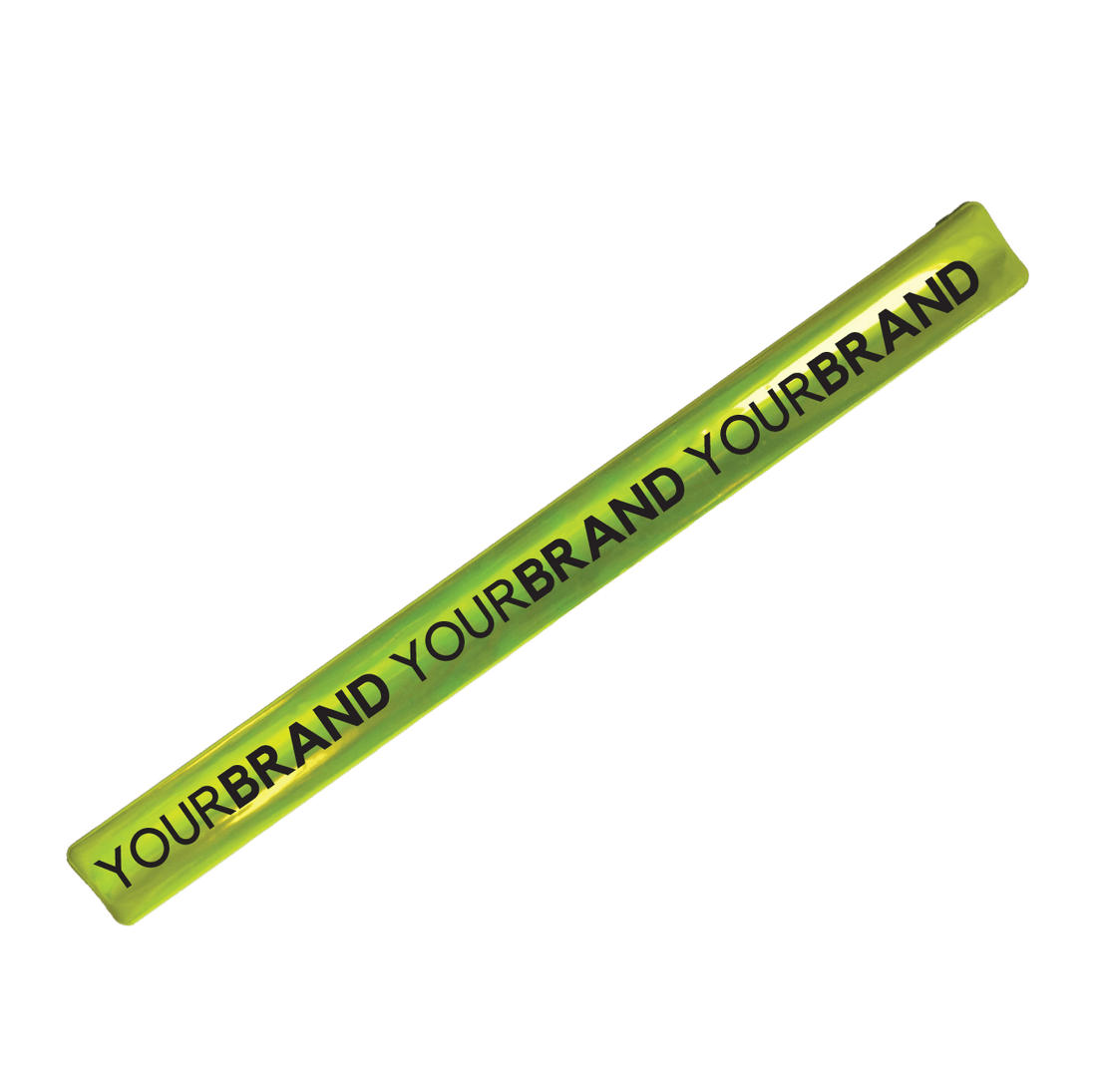 Yellow slap wrap reflector with custom wholesale text imprint preview reading "Your Brand"