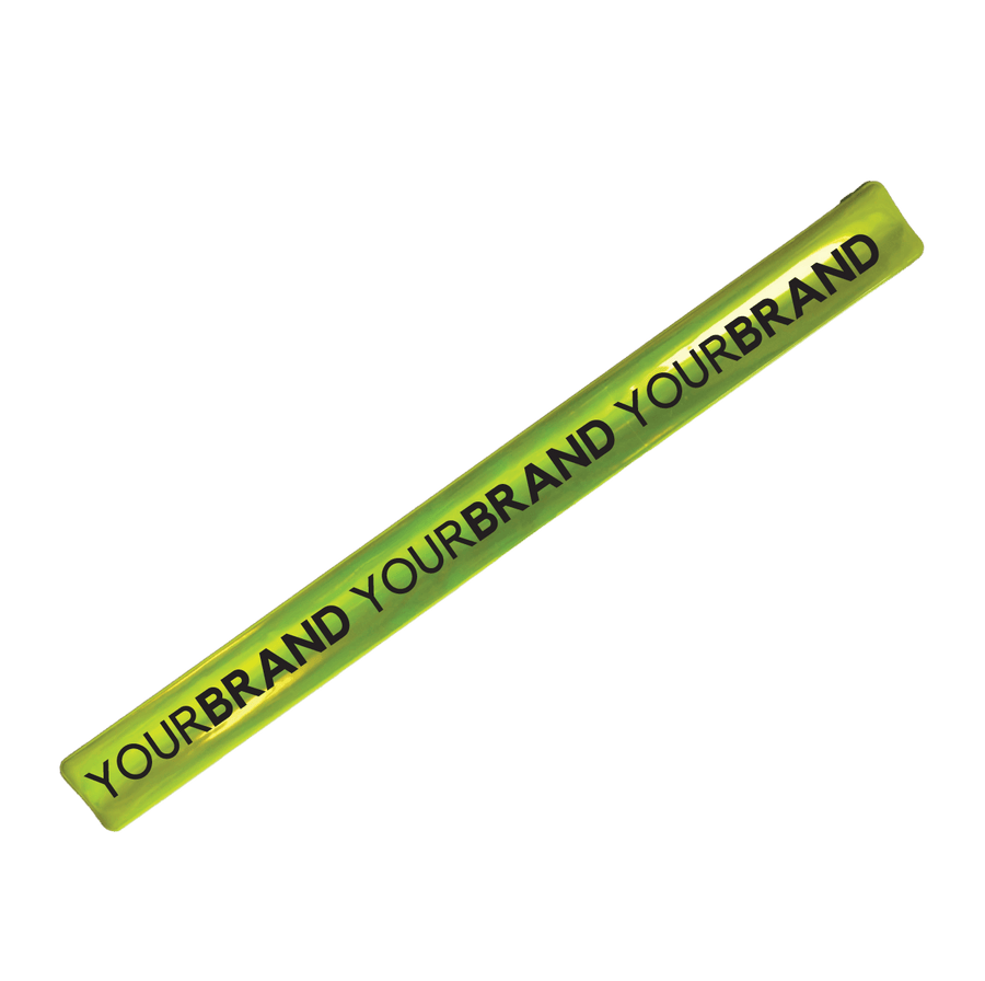 Yellow slap wrap reflector with custom wholesale text imprint preview reading "Your Brand"  